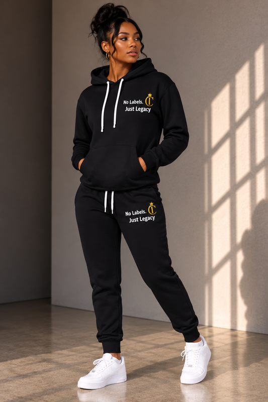 Black 'No Label. Just Legacy'. Gold Crown Hoodie and Jogger Set | The Chic Co.
