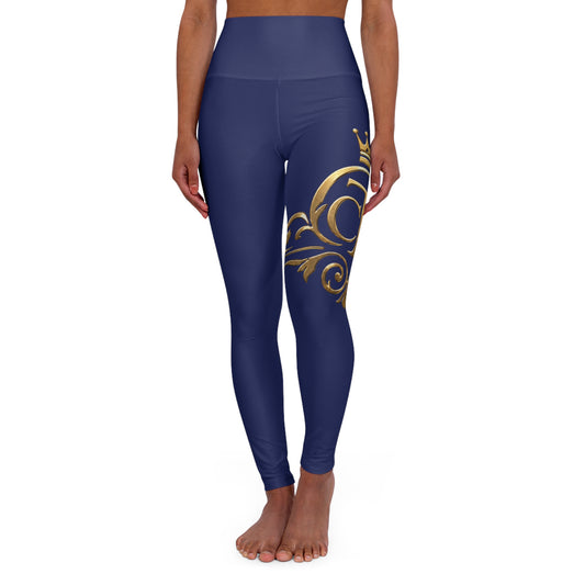 The Chic Co. Signature Gold Flourish High-Waist Yoga Leggings (Navy)