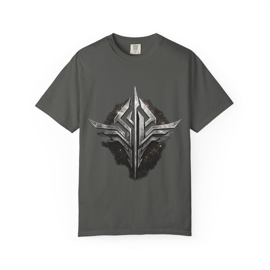 Futuristic Metal Emblem Graphic T‑Shirt