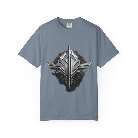 Futuristic Metal Emblem Graphic T‑Shirt