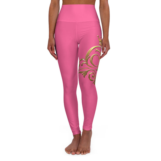 The Chic Co. Signature Gold Flourish High-Waist Yoga Leggings (Pink)