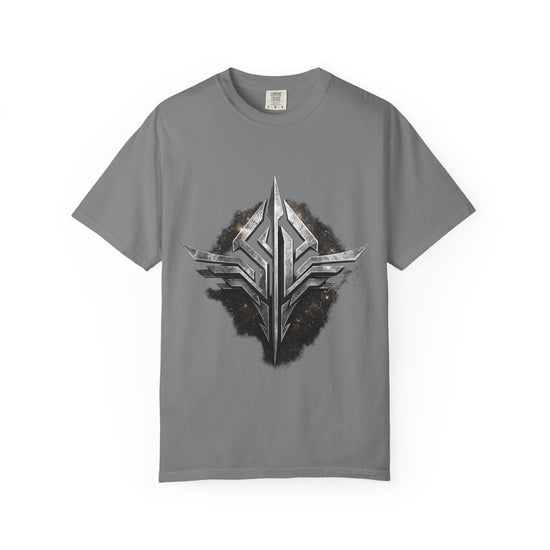 Futuristic Metal Emblem Graphic T‑Shirt