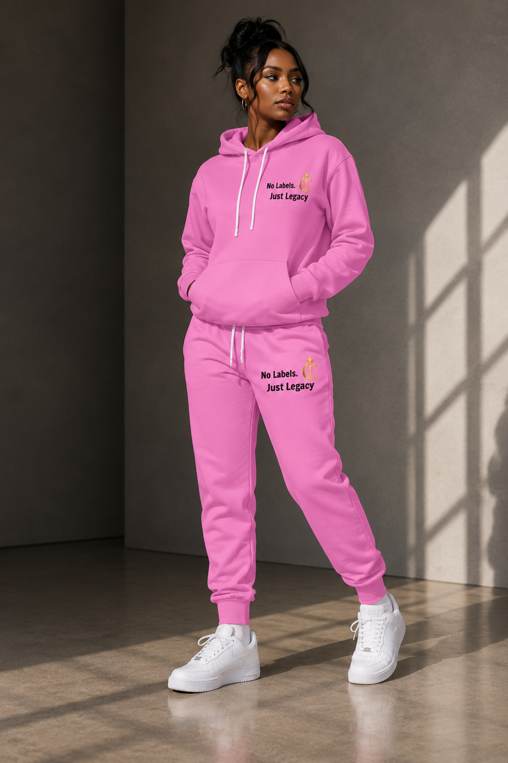 Pink No Labels. Just Legacy. Gold Crown Hoodie & Joggers Set | The Chic Co.