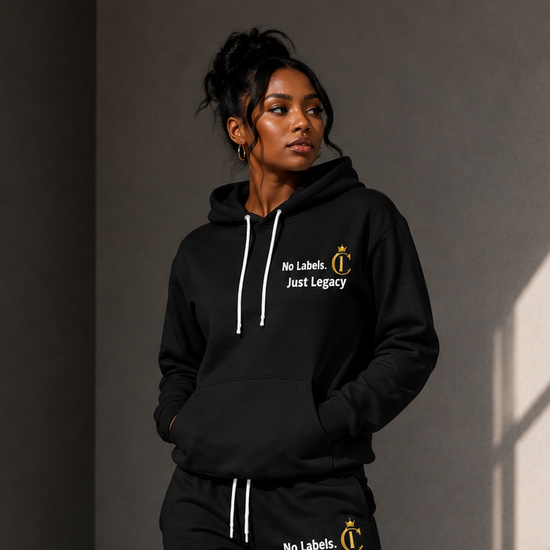 Champion Hoodie — "No Labels. Just Legacy." Black Logo Hoodie