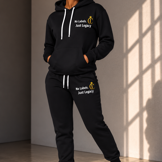 Black 'No Label. Just Legacy'. Gold Crown Hoodie and Jogger Set | The Chic Co.