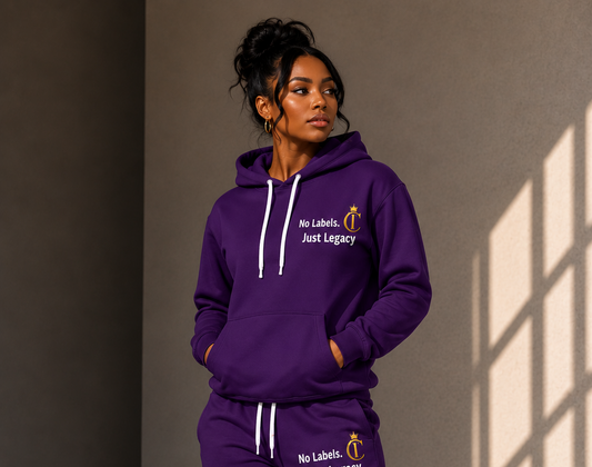 Purple 'No labels. Just Legacy.' Gold Crown Hoodie and Jogger Set| The Chic Co.