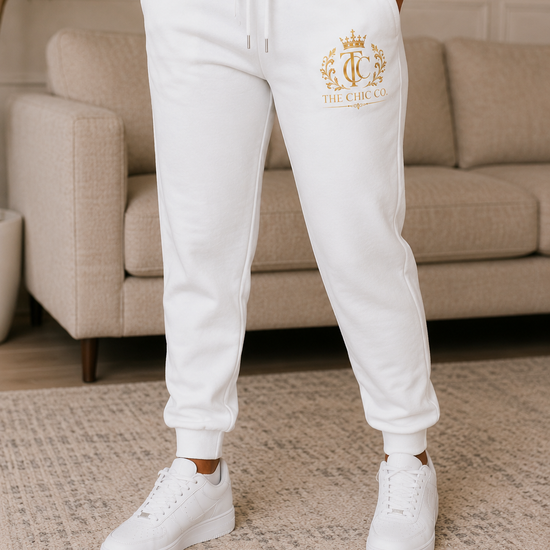 Royal Crest Joggers — 'The Chic Co' Gold Emblem Athletic Pants