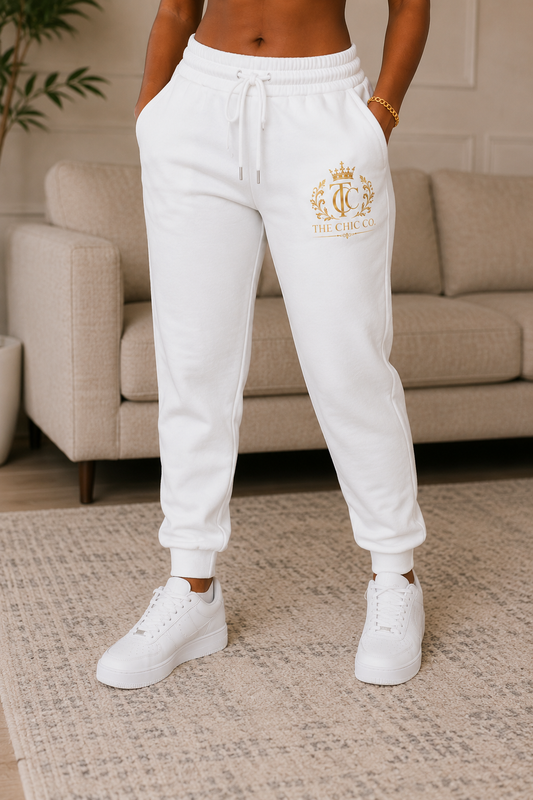 Royal Crest Joggers — 'The Chic Co' Gold Emblem Athletic Pants