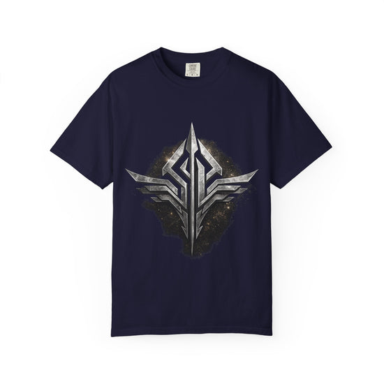 Futuristic Metal Emblem Graphic T‑Shirt