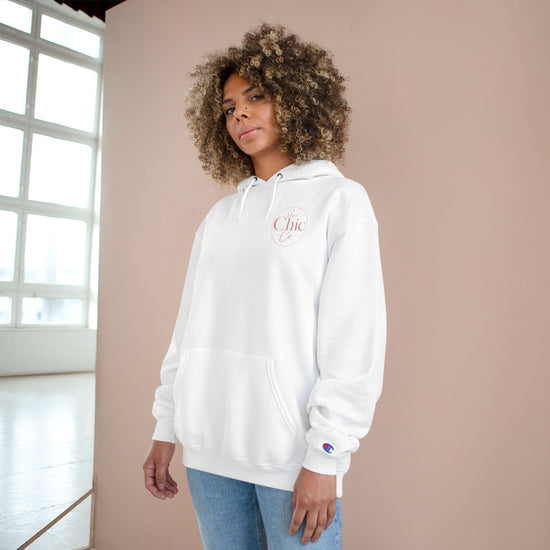 Chic Champion Hoodie — Minimal Script Chest Logo,