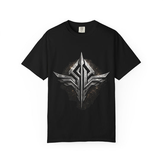 Futuristic Metal Emblem Graphic T‑Shirt