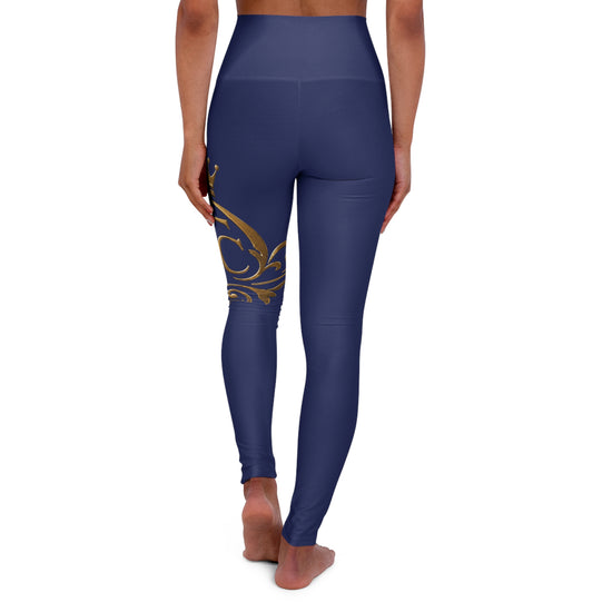 The Chic Co. Signature Gold Flourish High-Waist Yoga Leggings (Navy)